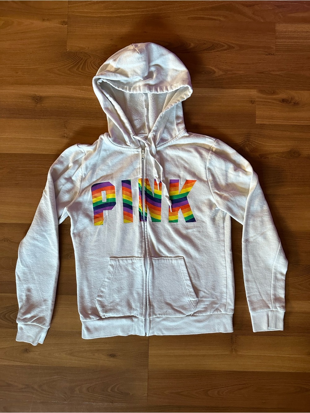 PINK Victoria's Secret White Zip-Up Hoodie with Rainbow Stripe Logo
